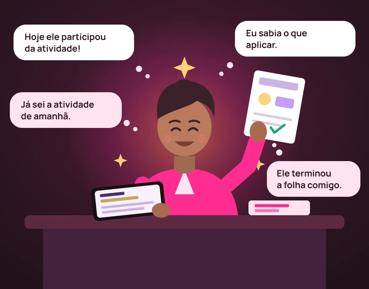 Professora sorrindo, segurando uma atividade pronta, com pensamentos positivos sobre o aluno