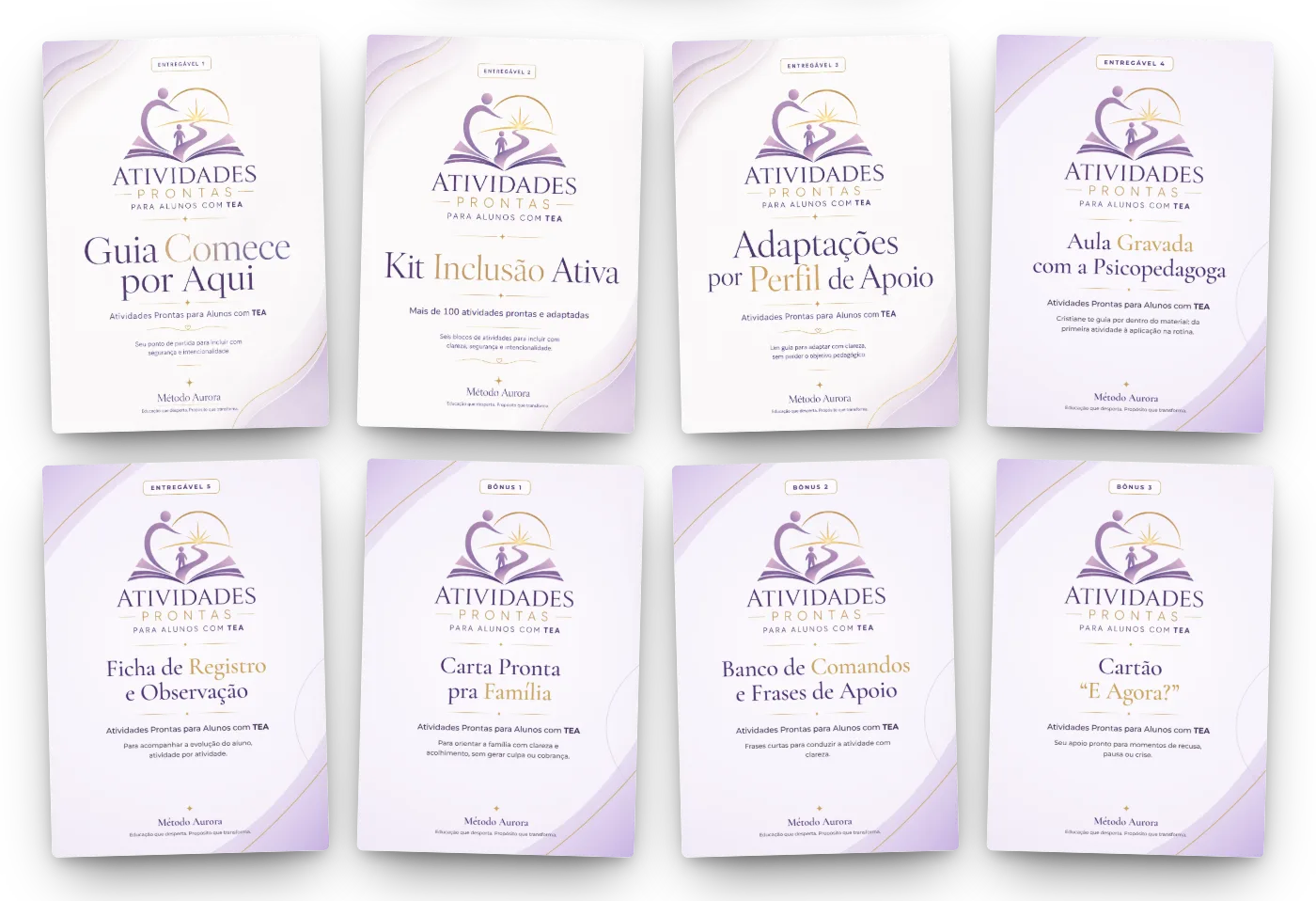 Capas dos 5 materiais e dos 3 bônus do kit