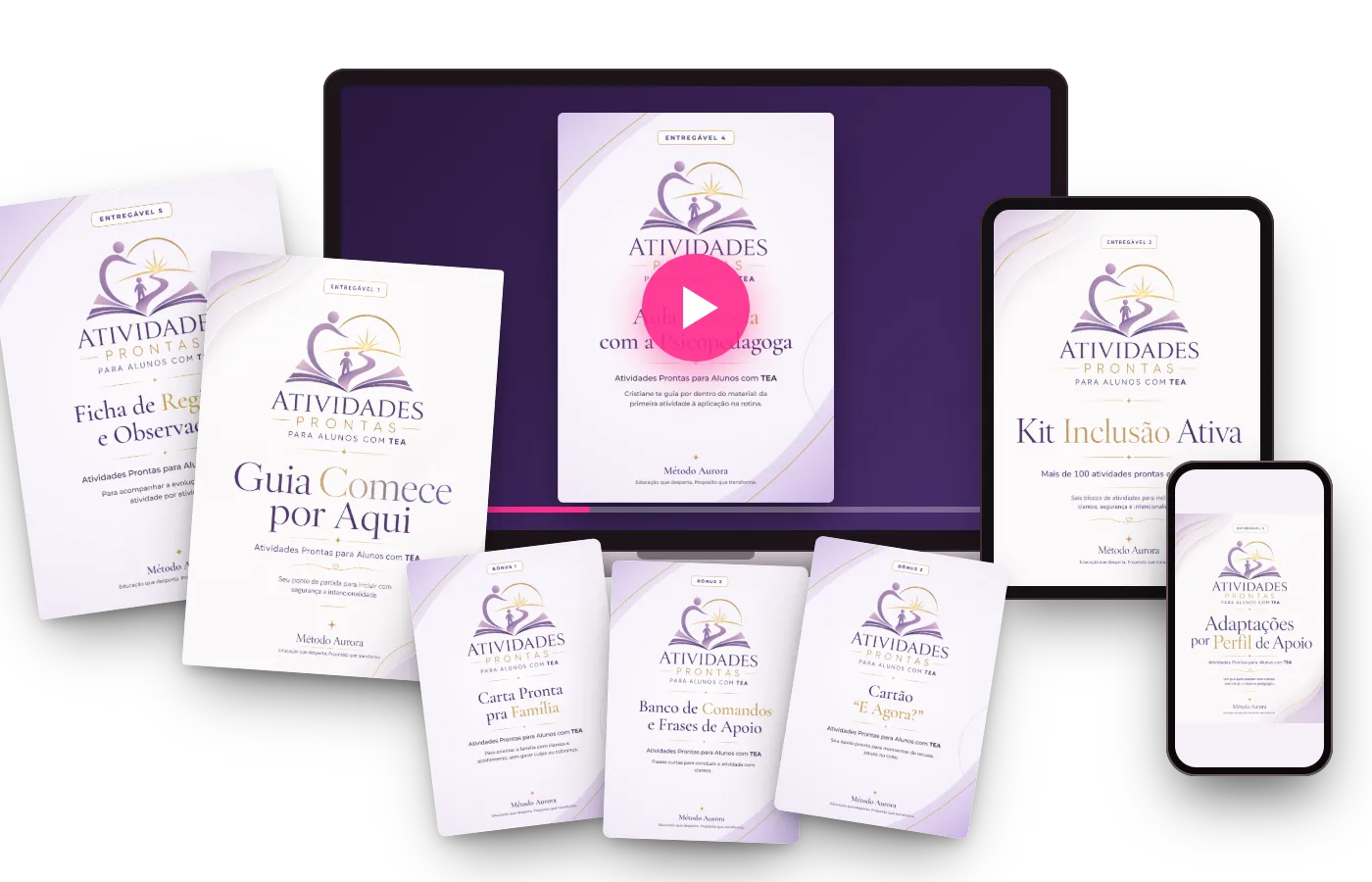 Todos os materiais do kit e os bônus no notebook, tablet, celular e impressos